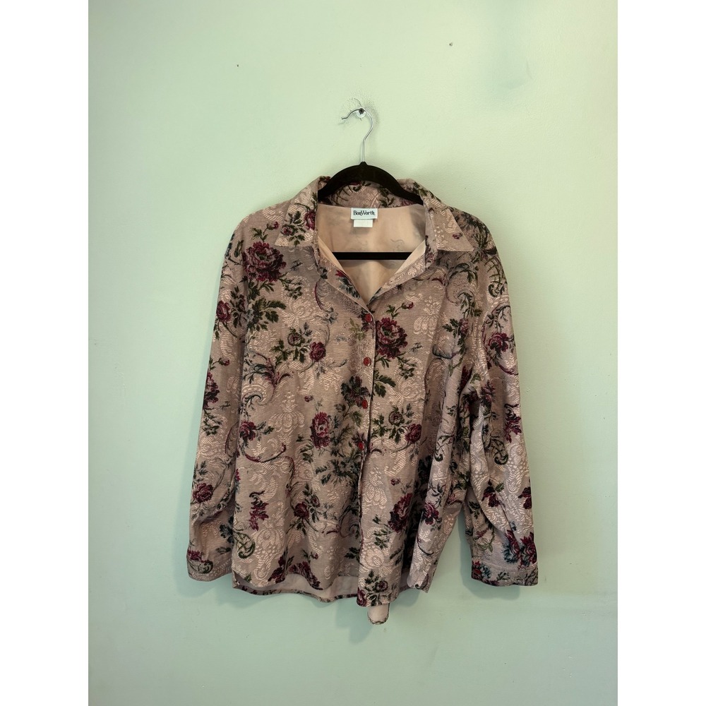 BonWorth Womens Large Petite Floral Jacquard Button Down Shirt Pink Tapestry L P